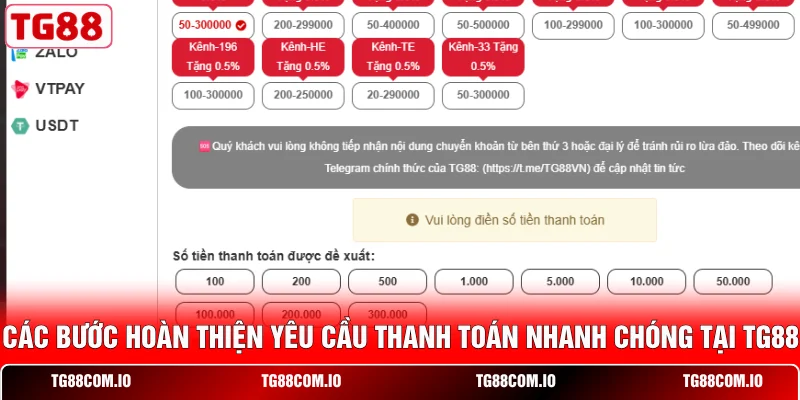 Các bước hoàn thiện yêu cầu thanh toán nhanh chóng tại TG88